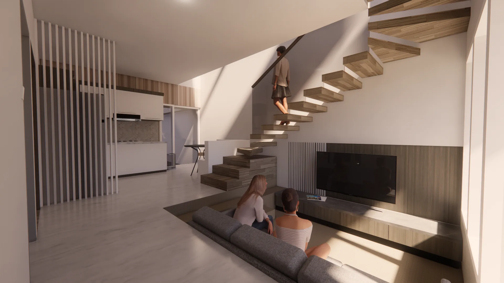 NeoFos House: living room and staircase